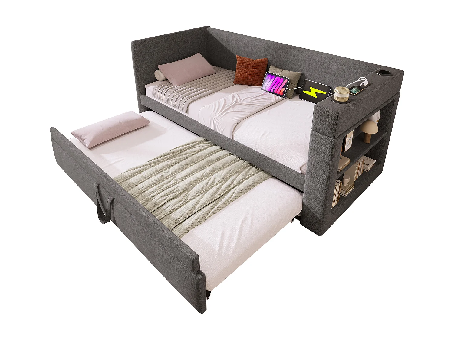 Banquette-lit - 2 x 90 x 190 cm - avec lit gigogne - accoudoirs avec USB Type-C + rangement - bois + coton + métal - gris