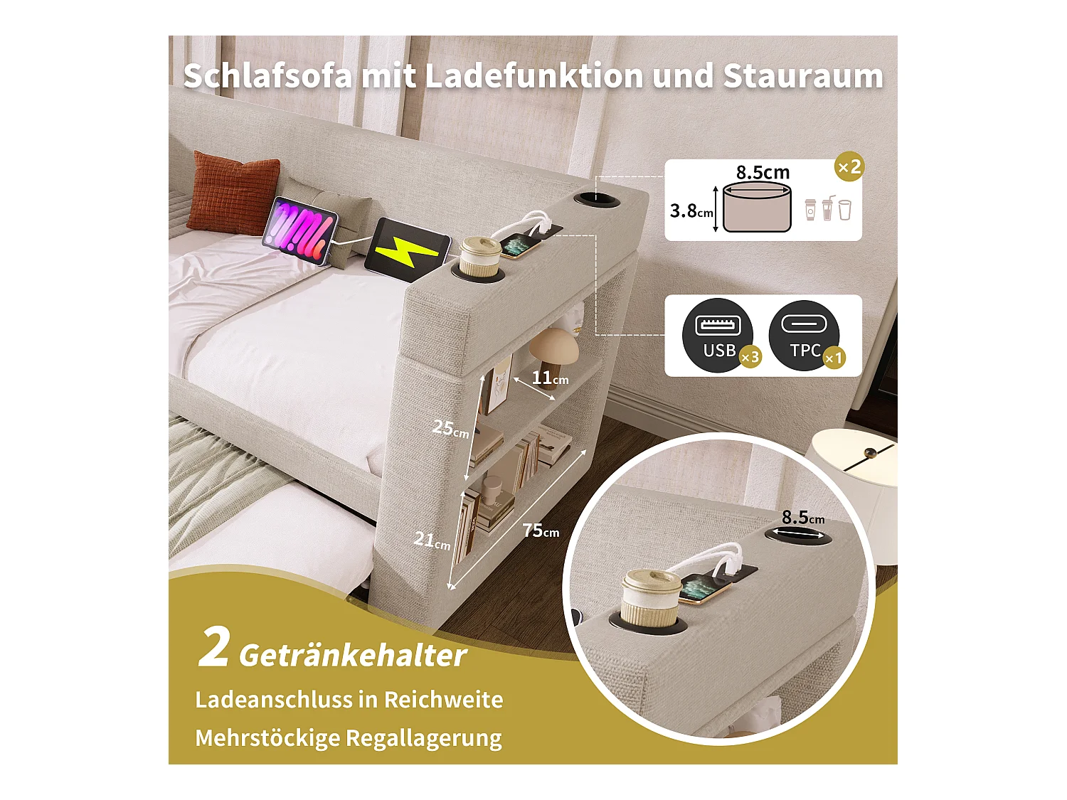 Banquette-lit - 2 x 90 x 190 cm - avec lit gigogne - accoudoirs avec USB Type-C + rangement - bois + coton + métal - beige