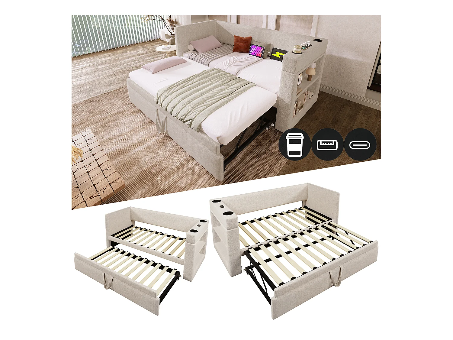 Tagesbett - 2 x 90 x 190 cm - mit Ausziehbett - Armlehnen mit USB Typ-C + Stauraum - Holz + Baumwolle + Metall - Beige
