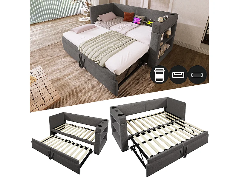 Tagesbett - 90 x 200 cm + 90 x 190 cm - mit Ausziehbett - Armlehnen mit USB + Stauraum - Holz + Baumwolle + Metall - grau