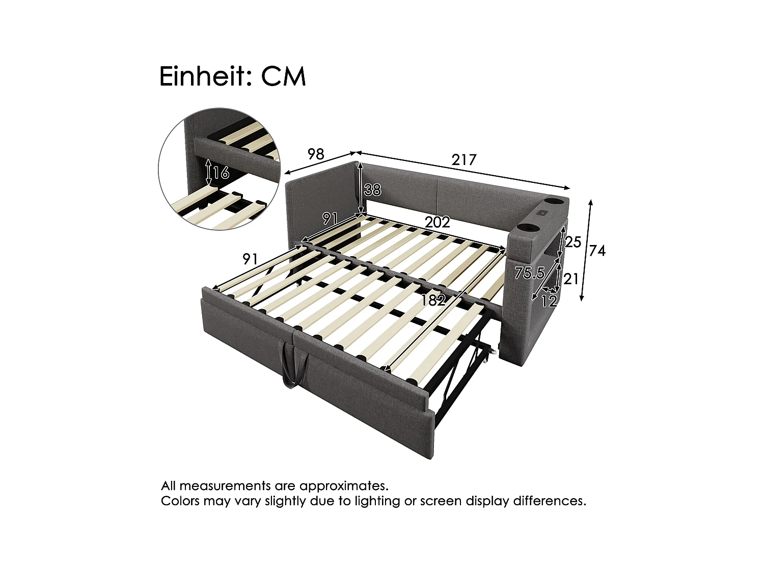 Tagesbett - 90 x 200 cm + 90 x 190 cm - mit Ausziehbett - Armlehnen mit USB + Stauraum - Holz + Baumwolle + Metall - grau