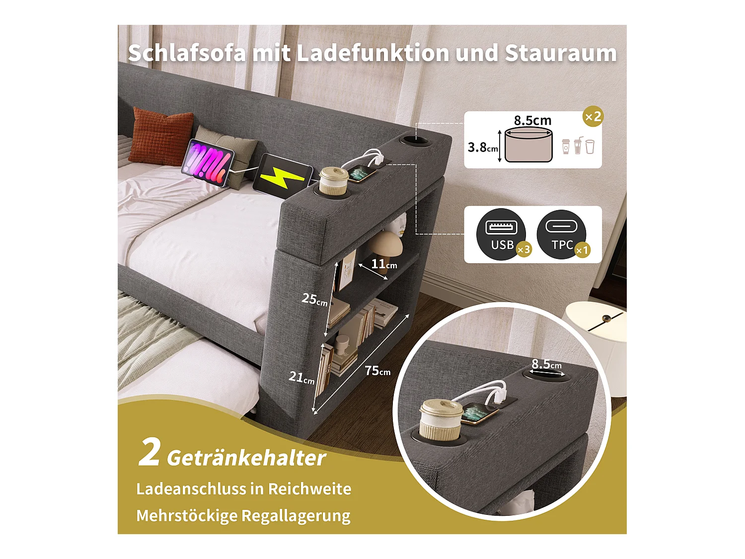 Tagesbett - 90 x 200 cm + 90 x 190 cm - mit Ausziehbett - Armlehnen mit USB + Stauraum - Holz + Baumwolle + Metall - grau