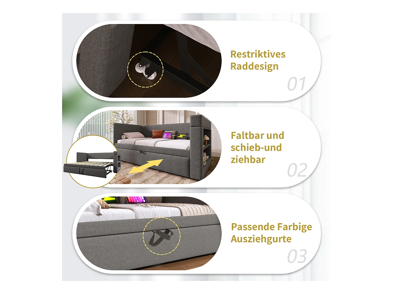 Tagesbett - 90 x 200 cm + 90 x 190 cm - mit Ausziehbett - Armlehnen mit USB + Stauraum - Holz + Baumwolle + Metall - grau