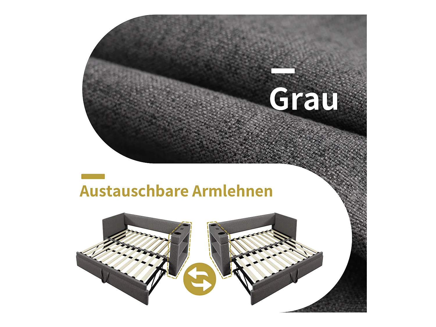 Tagesbett - 90 x 200 cm + 90 x 190 cm - mit Ausziehbett - Armlehnen mit USB + Stauraum - Holz + Baumwolle + Metall - grau