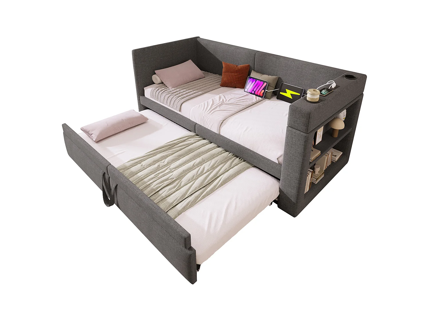Tagesbett - 90 x 200 cm + 90 x 190 cm - mit Ausziehbett - Armlehnen mit USB + Stauraum - Holz + Baumwolle + Metall - grau