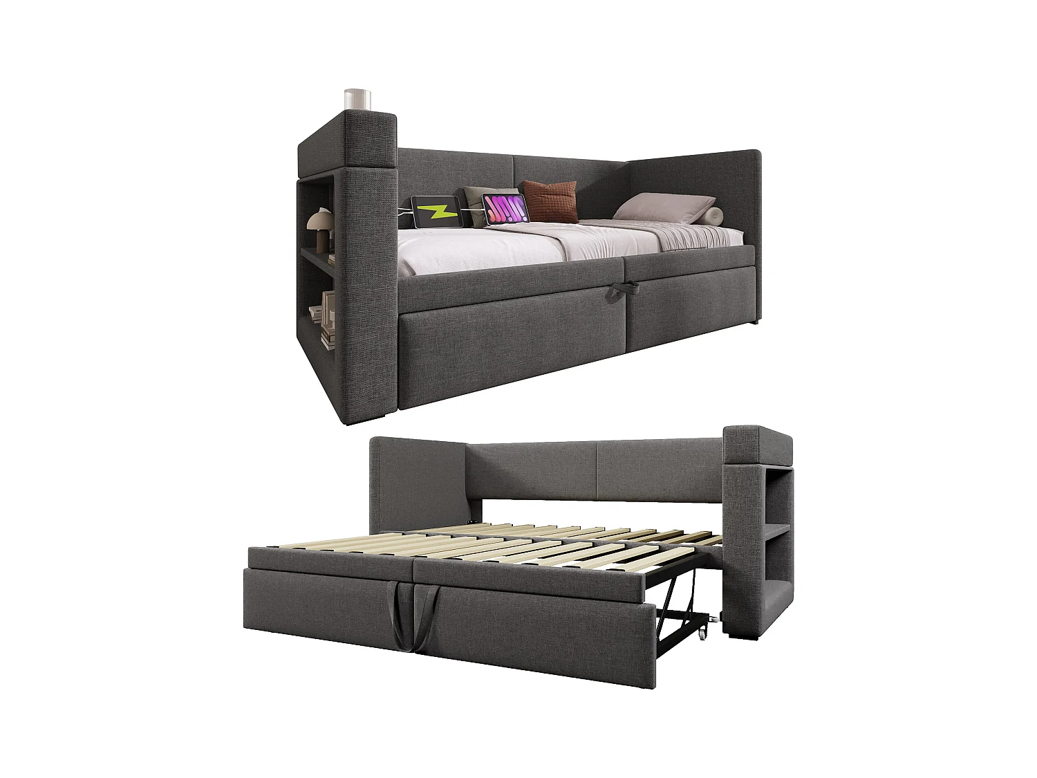 Tagesbett - 90 x 200 cm + 90 x 190 cm - mit Ausziehbett - Armlehnen mit USB + Stauraum - Holz + Baumwolle + Metall - grau