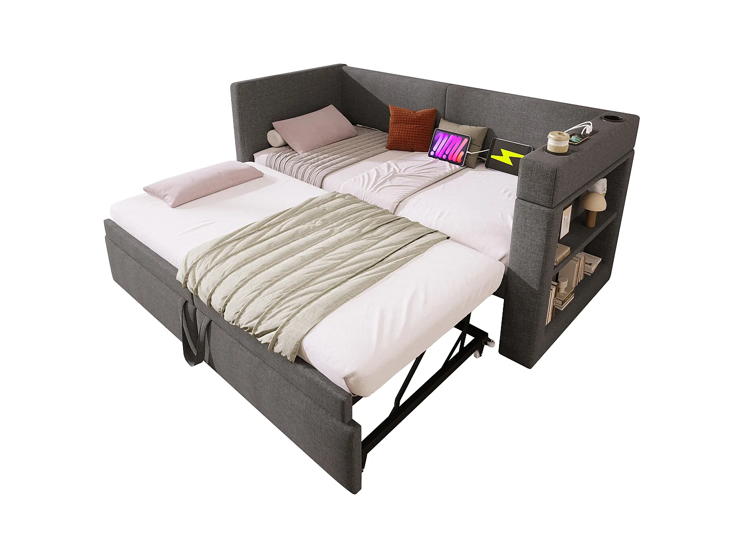Tagesbett - 90 x 200 cm + 90 x 190 cm - mit Ausziehbett - Armlehnen mit USB + Stauraum - Holz + Baumwolle + Metall - grau