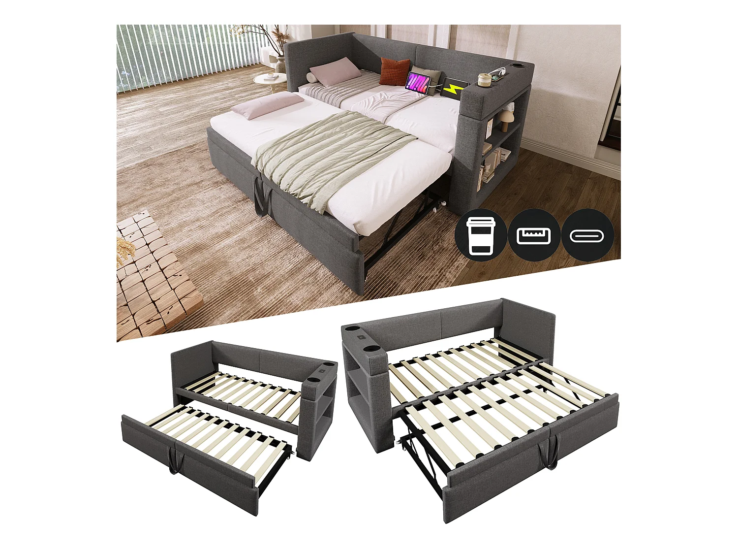 Banquette-lit - 90 x 200 cm + 90 x 190 cm - avec lit gigogne - accoudoirs avec USB + rangement - bois + coton + métal - gris