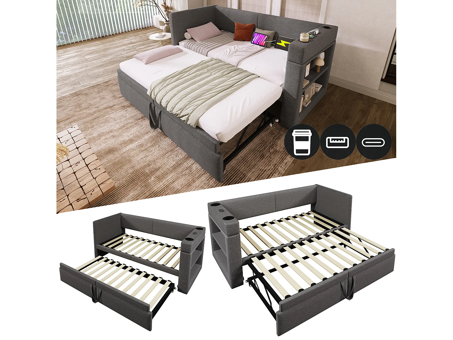 Banquette-lit - 90 x 200 cm + 90 x 190 cm - avec lit gigogne - accoudoirs avec USB + rangement - bois + coton + métal - gris