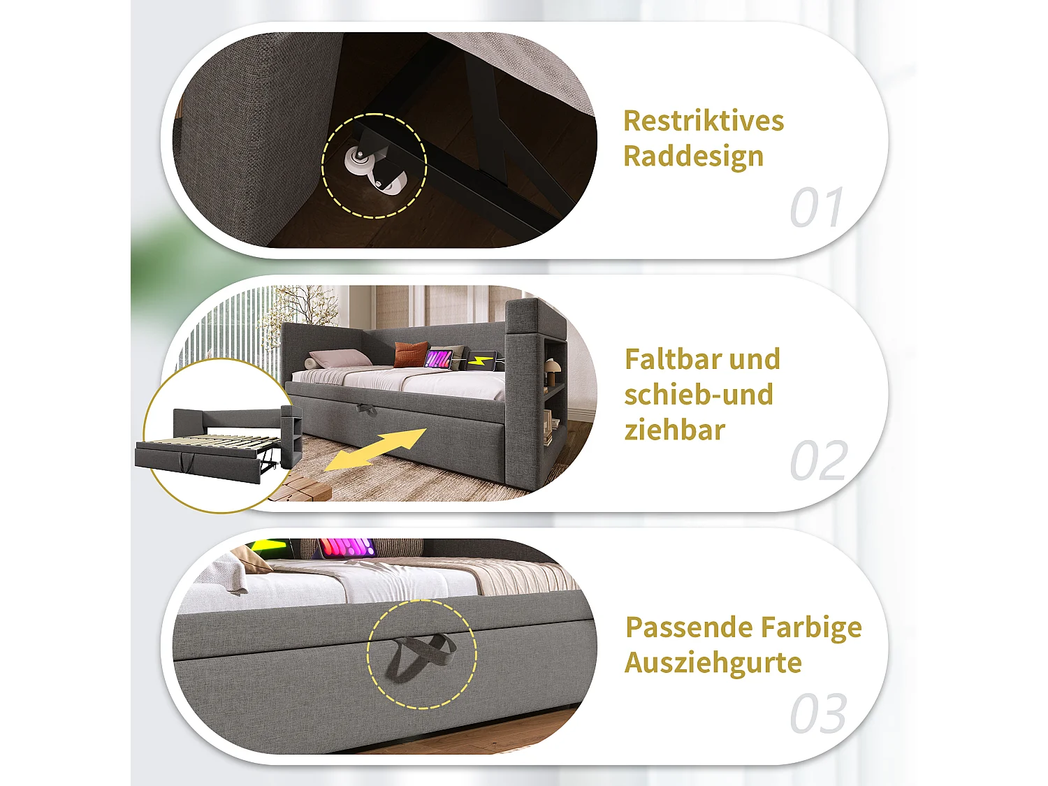 Banquette-lit - 90 x 200 cm + 90 x 190 cm - avec lit gigogne - accoudoirs avec USB + rangement - bois + coton + métal - gris