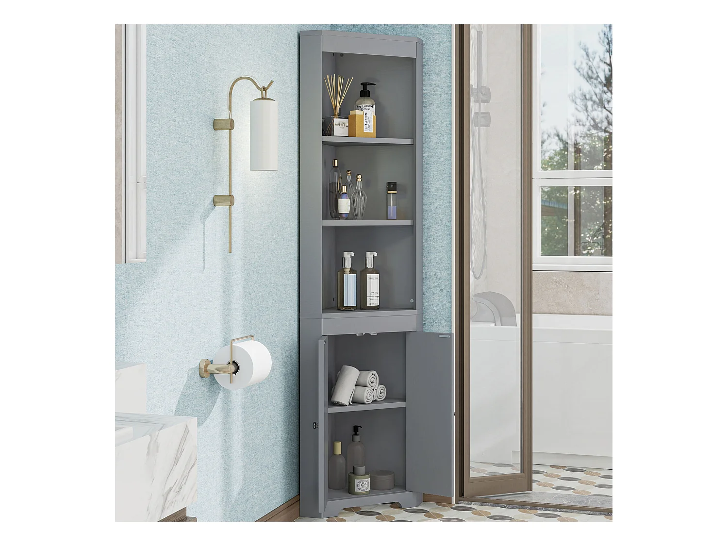 Colonne salle de bain triangulaire - 38 x 7.4 x 170 cm - avec 3 rangement ouverts + 2 portes - MDF - gris