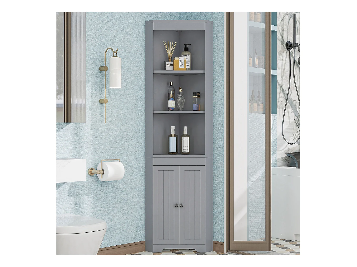 Dreieckiger Badezimmerschrank - 38 x 7,4 x 170 cm - mit 3 offenen Stauräumen + 2 Türen - MDF - grau