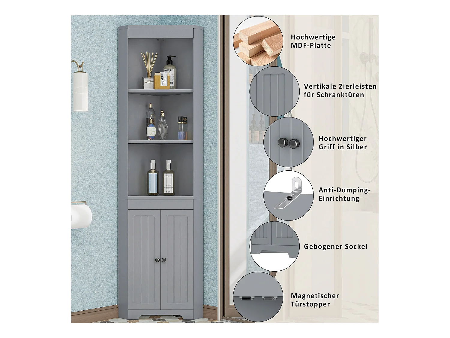 Mueble de baño triangular - 38 x 7,4 x 170 cm - con 3 compartimentos abiertos + 2 puertas - MDF - gris