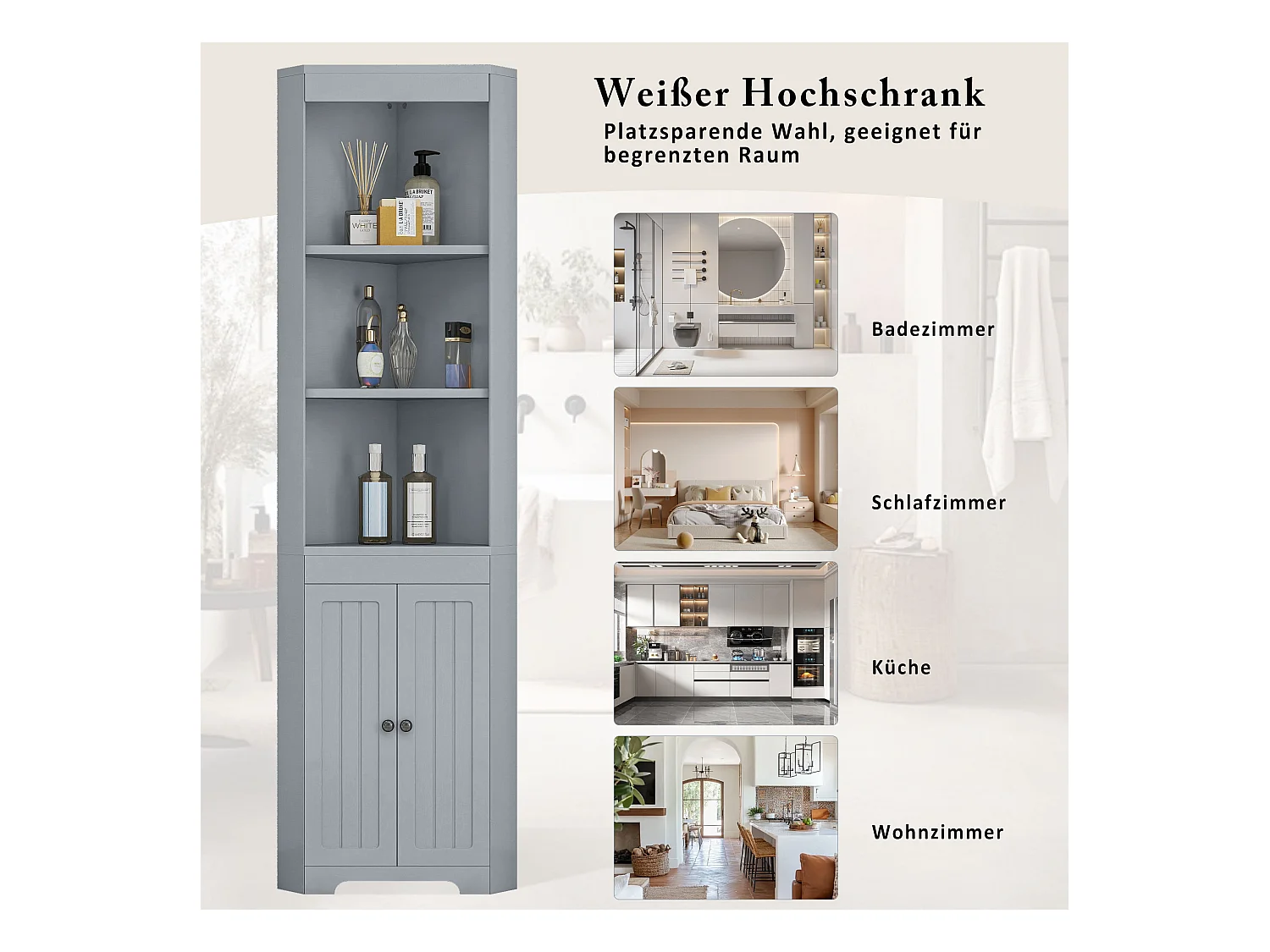 Mueble de baño triangular - 38 x 7,4 x 170 cm - con 3 compartimentos abiertos + 2 puertas - MDF - gris