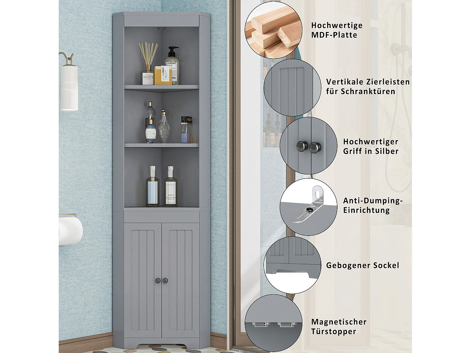 Colonne salle de bain triangulaire - 38 x 7.4 x 170 cm - avec 3 rangement ouverts + 2 portes - MDF - gris