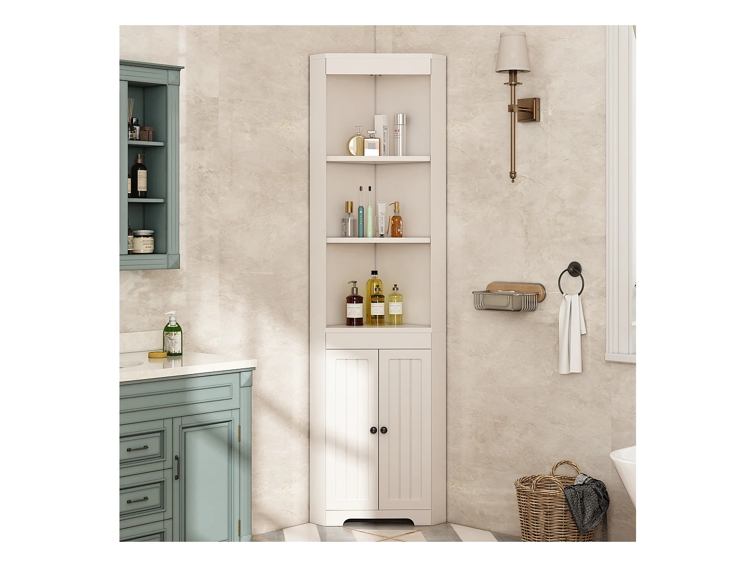Colonne salle de bain triangulaire - 38 x 35 x 170 cm - avec 3 rangement ouverts + 2 portes - MDF - blanc
