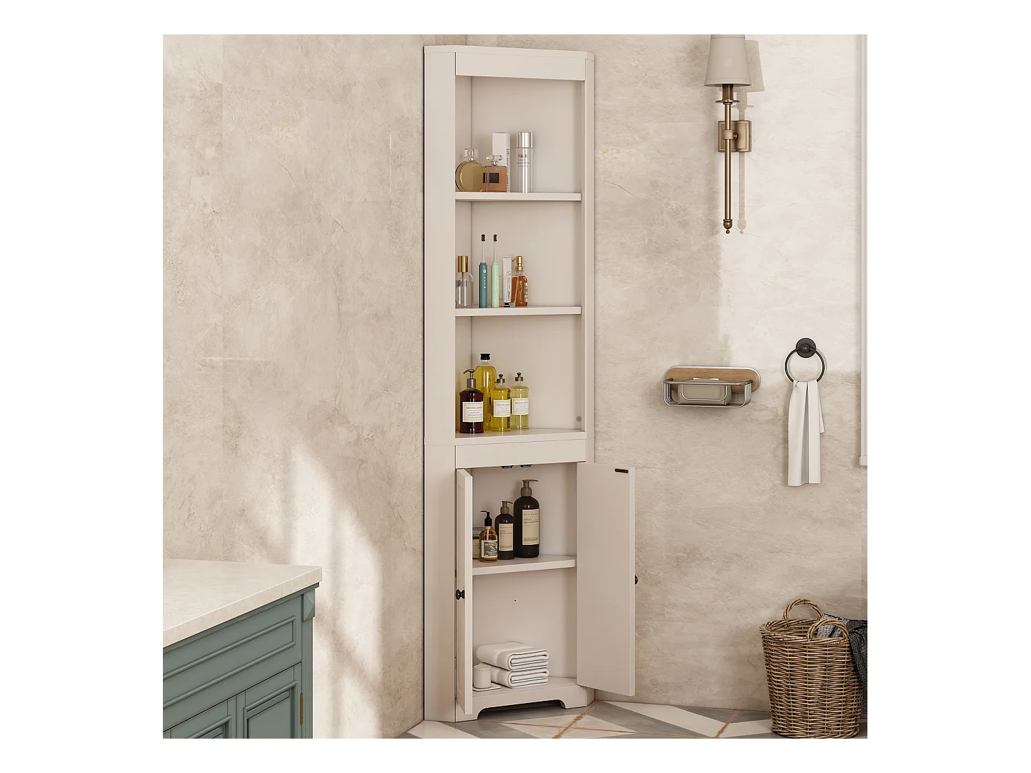 Colonne salle de bain triangulaire - 38 x 35 x 170 cm - avec 3 rangement ouverts + 2 portes - MDF - blanc