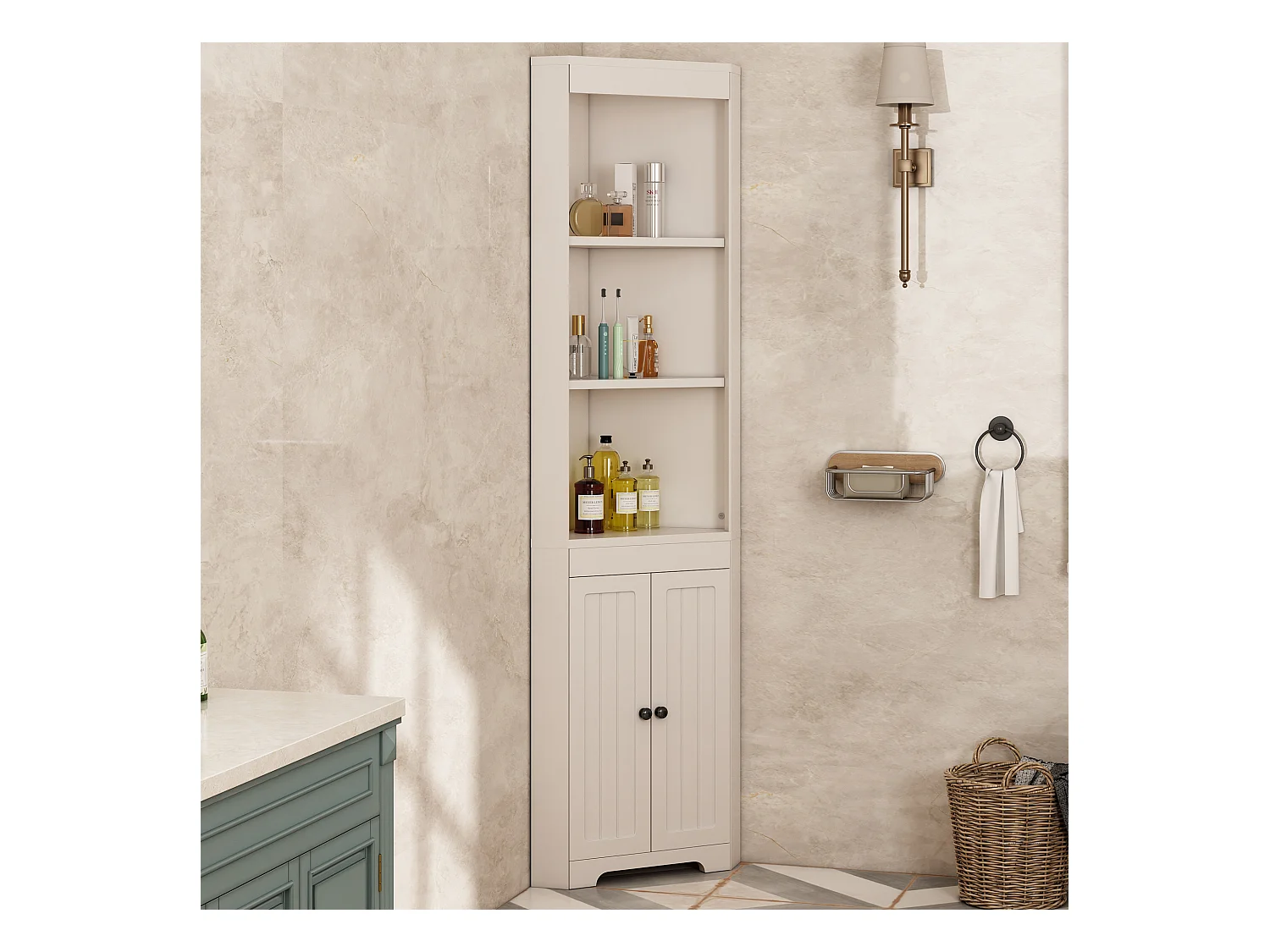 Colonne salle de bain triangulaire - 38 x 35 x 170 cm - avec 3 rangement ouverts + 2 portes - MDF - blanc
