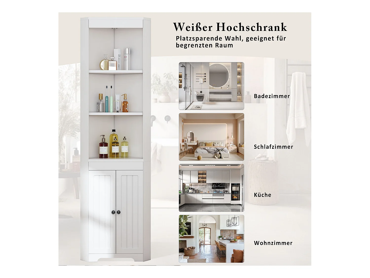 Colonne salle de bain triangulaire - 38 x 35 x 170 cm - avec 3 rangement ouverts + 2 portes - MDF - blanc