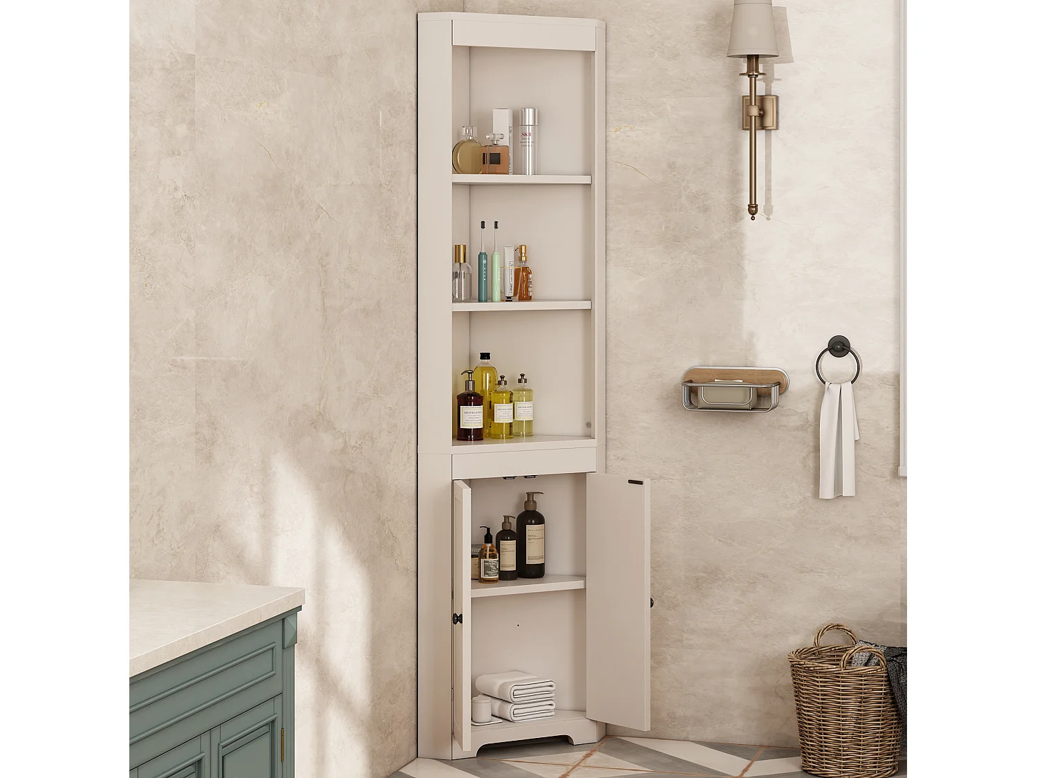 Dreieckiger Badezimmerschrank - 38 x 35 x 170 cm - mit 3 offenen Stauräumen + 2 Türen - MDF - weiß