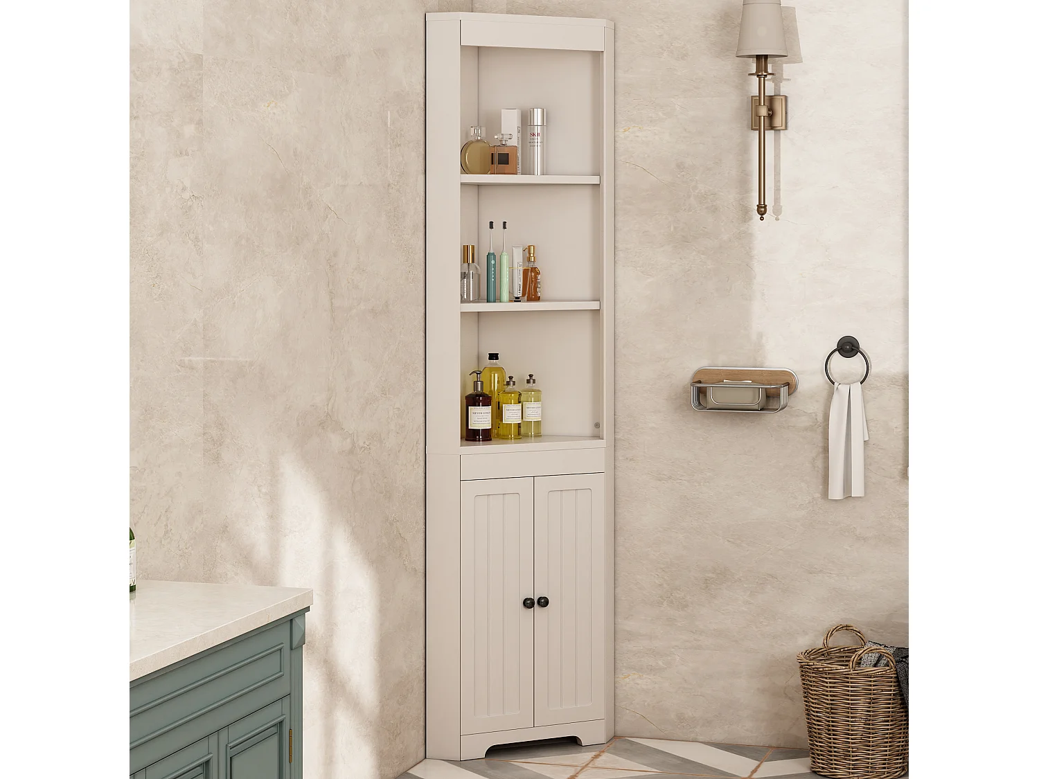 Dreieckiger Badezimmerschrank - 38 x 35 x 170 cm - mit 3 offenen Stauräumen + 2 Türen - MDF - weiß