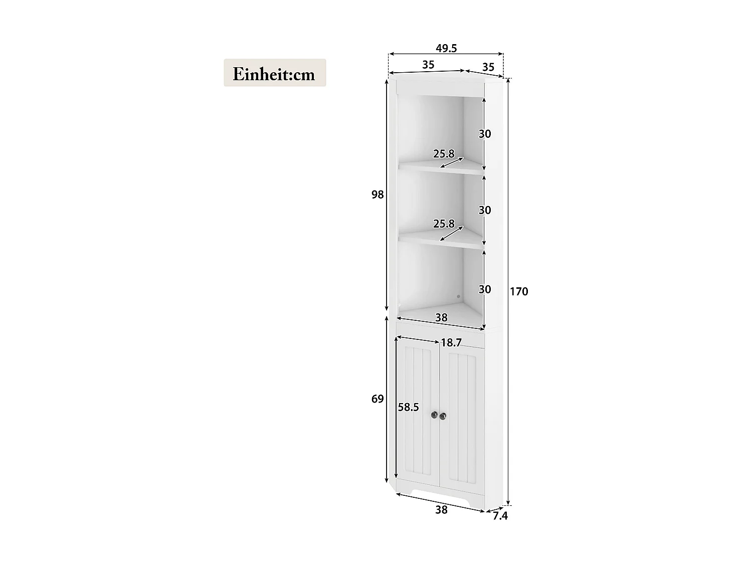 Dreieckiger Badezimmerschrank - 38 x 35 x 170 cm - mit 3 offenen Stauräumen + 2 Türen - MDF - weiß