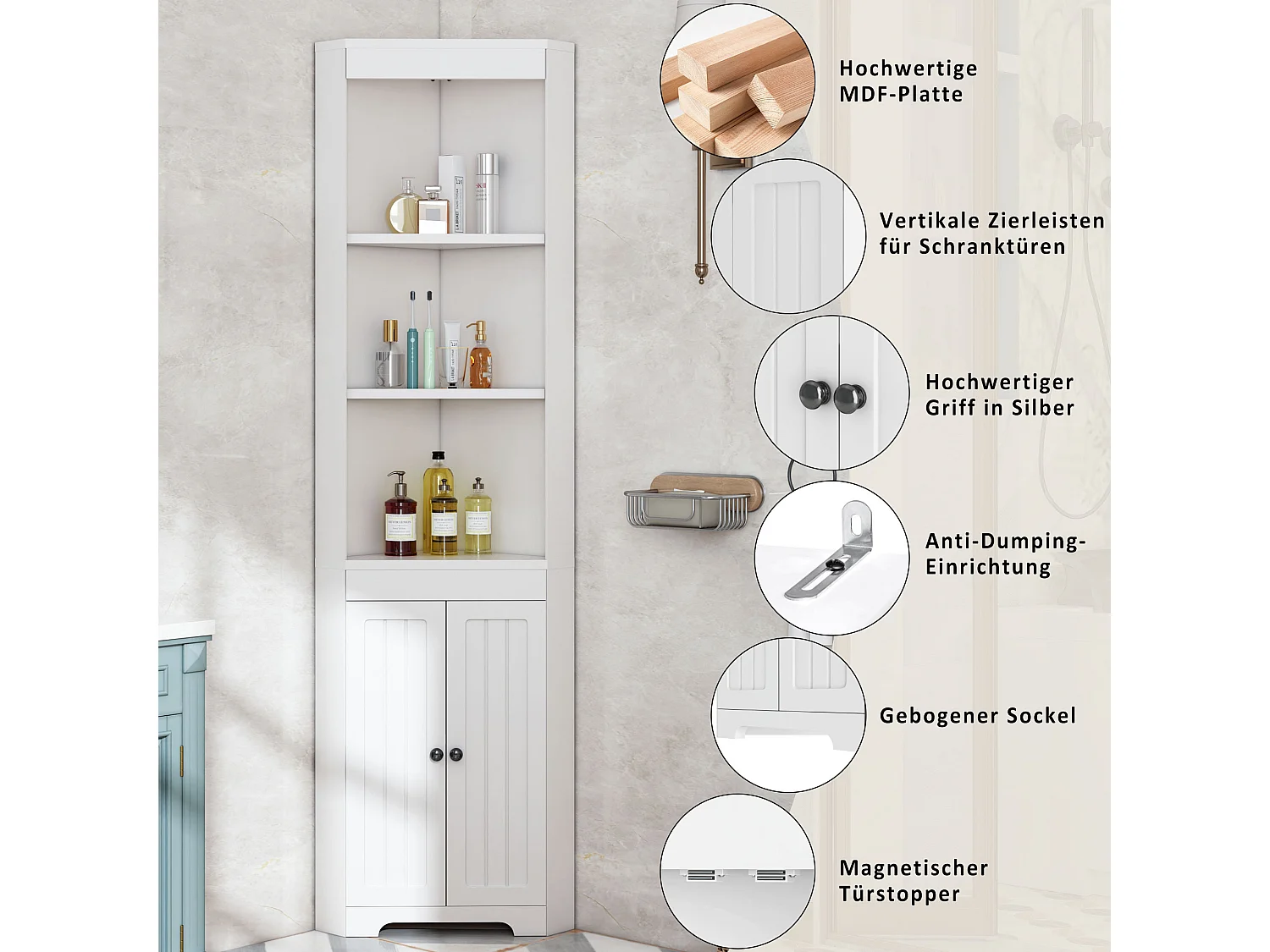 Dreieckiger Badezimmerschrank - 38 x 35 x 170 cm - mit 3 offenen Stauräumen + 2 Türen - MDF - weiß