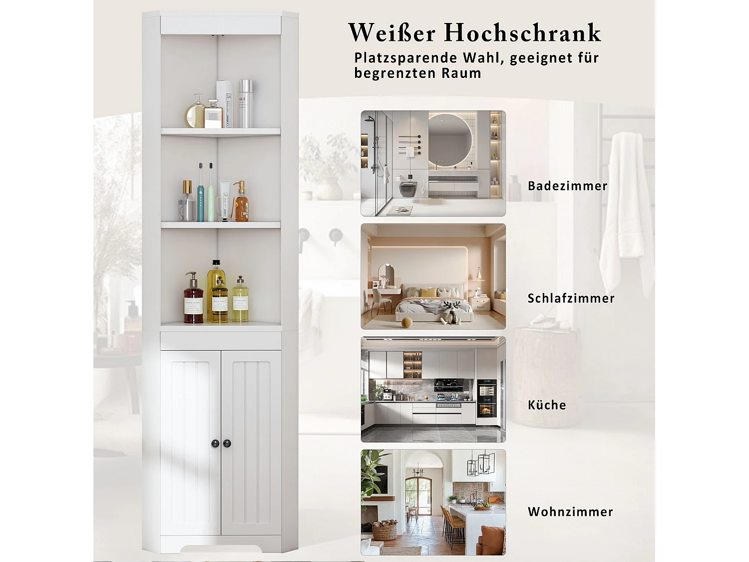 Dreieckiger Badezimmerschrank - 38 x 35 x 170 cm - mit 3 offenen Stauräumen + 2 Türen - MDF - weiß