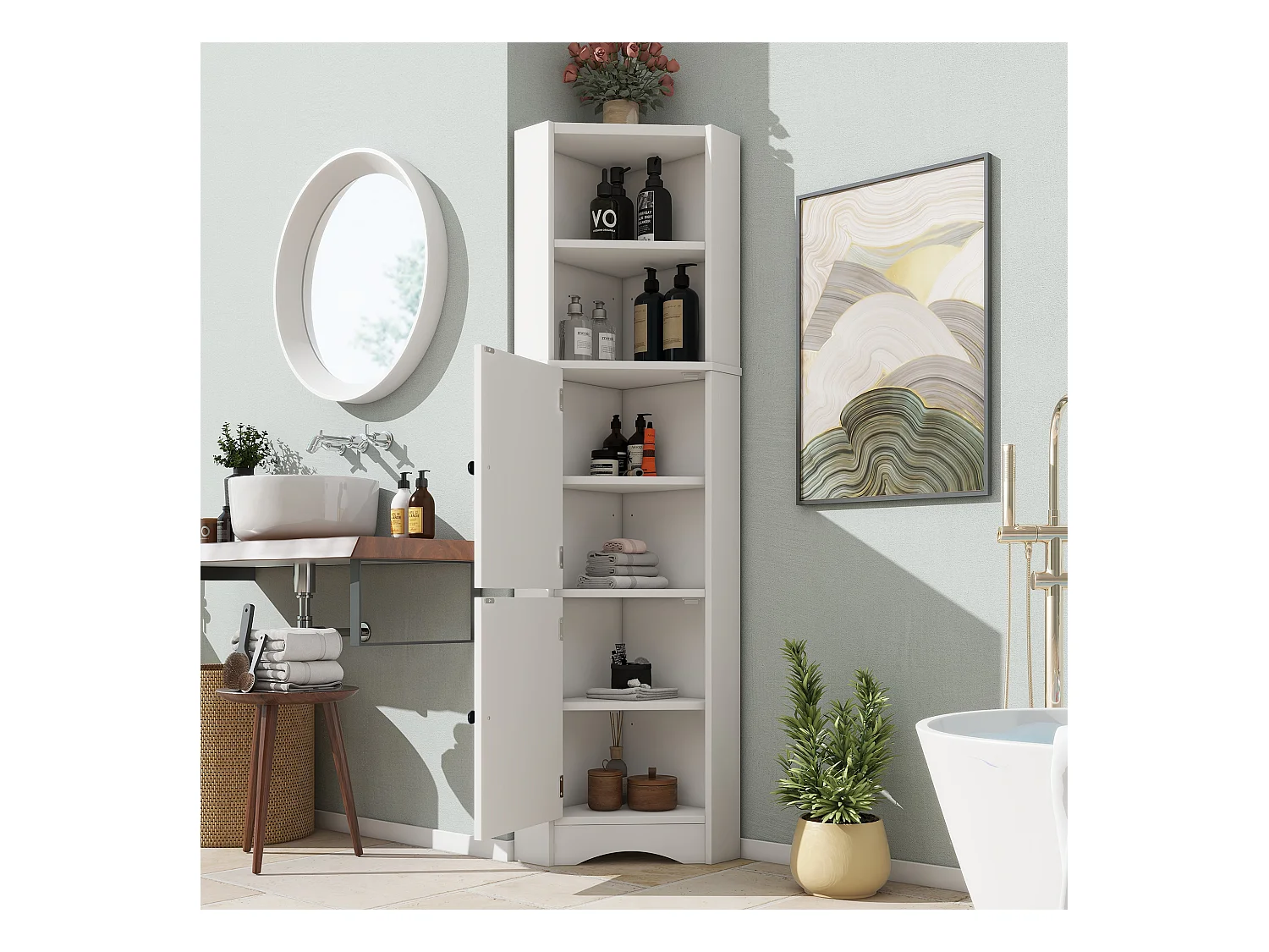 Colonne salle de bain triangulaire - 51.7 x 32 x 155.4 cm - avec 2 rangements ouverts + 2 portes d'armoire - MDF - blanc