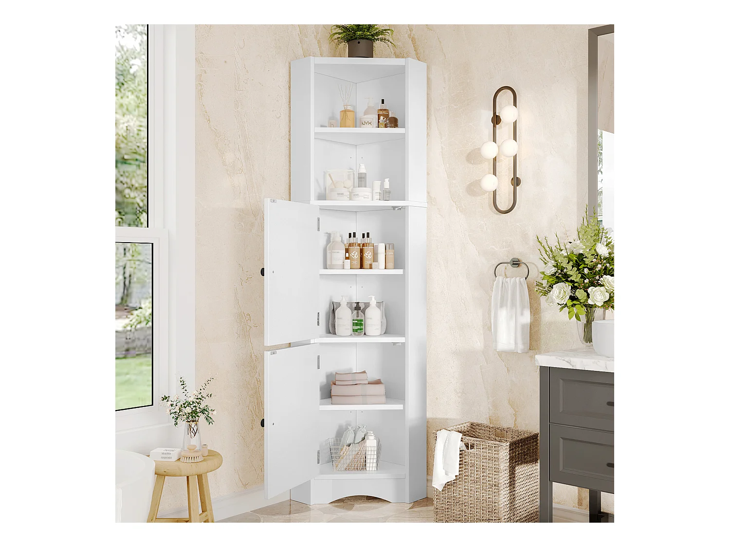 Colonne salle de bain triangulaire - 51.7 x 32 x 155.4 cm - avec 2 rangements ouverts + 2 portes d'armoire - MDF - blanc