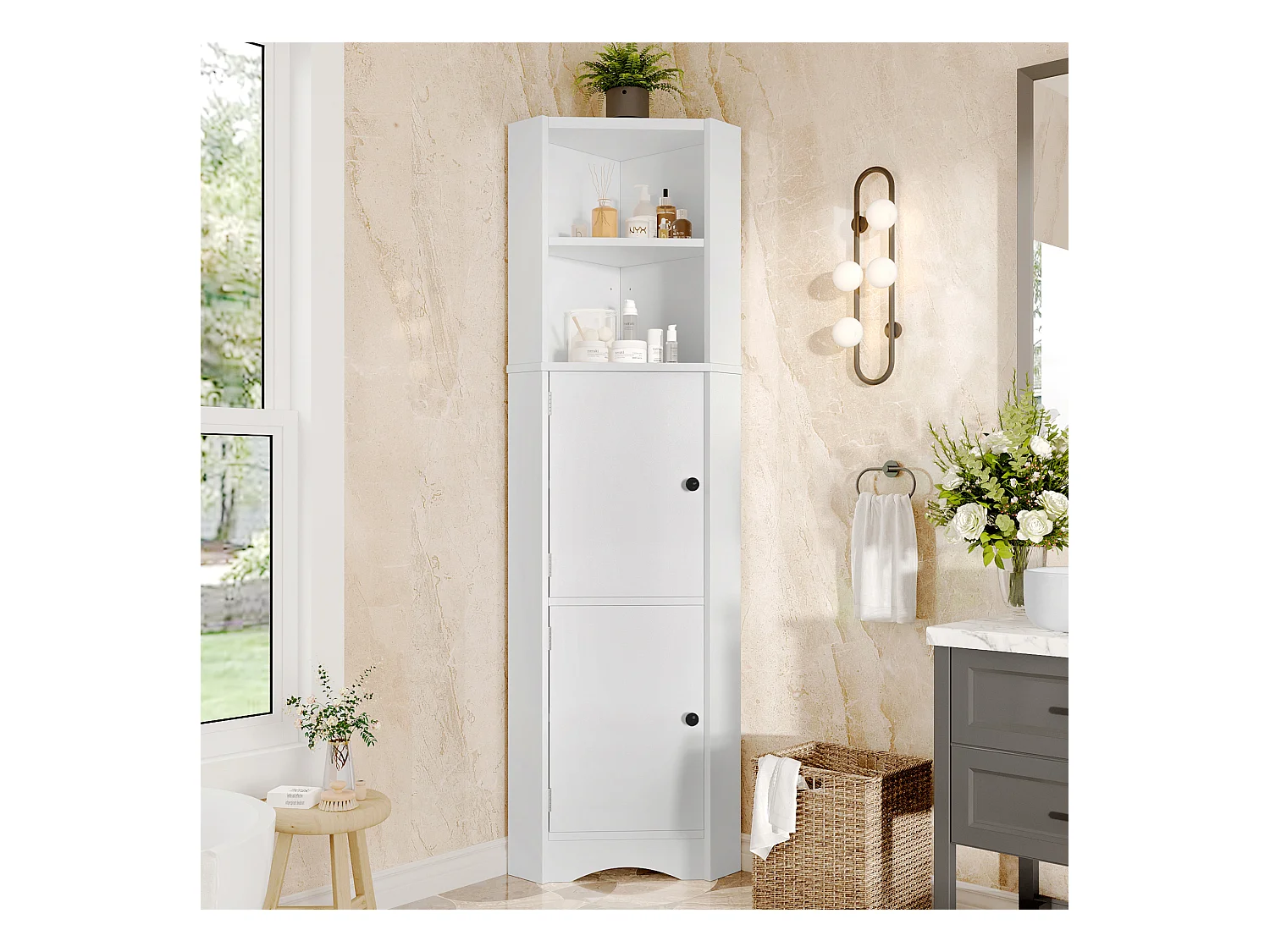 Colonne salle de bain triangulaire - 51.7 x 32 x 155.4 cm - avec 2 rangements ouverts + 2 portes d'armoire - MDF - blanc