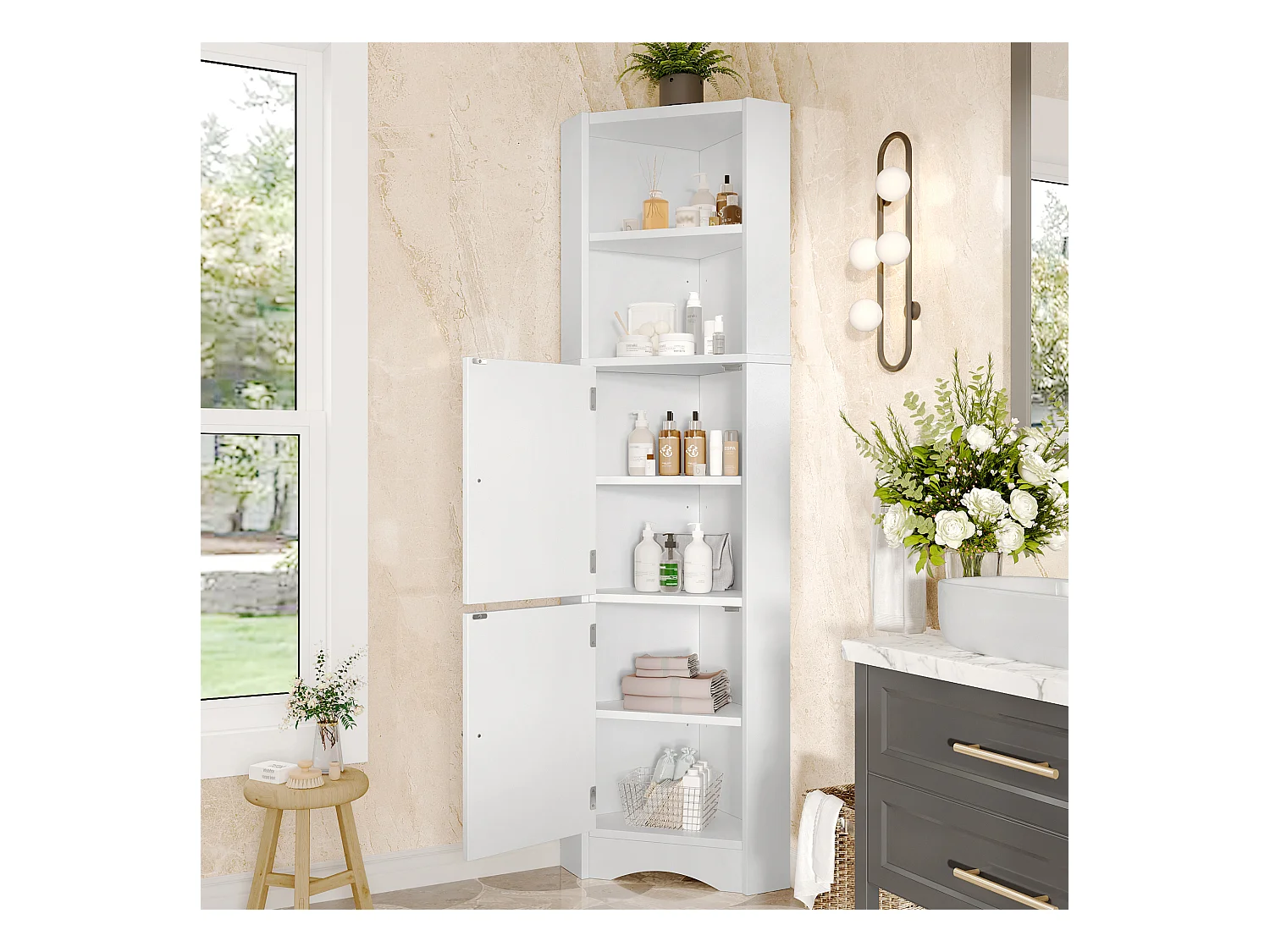 Colonne salle de bain triangulaire - 51.7 x 32 x 155.4 cm - avec 2 rangements ouverts + 2 portes d'armoire - MDF - blanc