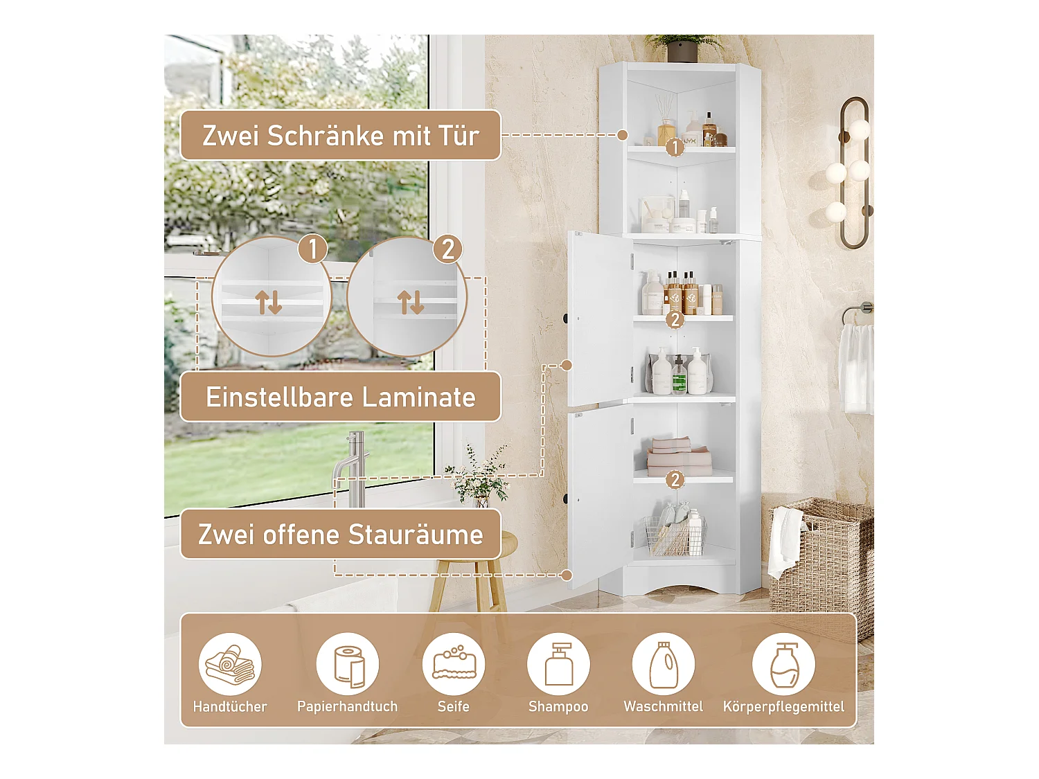 Colonne salle de bain triangulaire - 51.7 x 32 x 155.4 cm - avec 2 rangements ouverts + 2 portes d'armoire - MDF - blanc