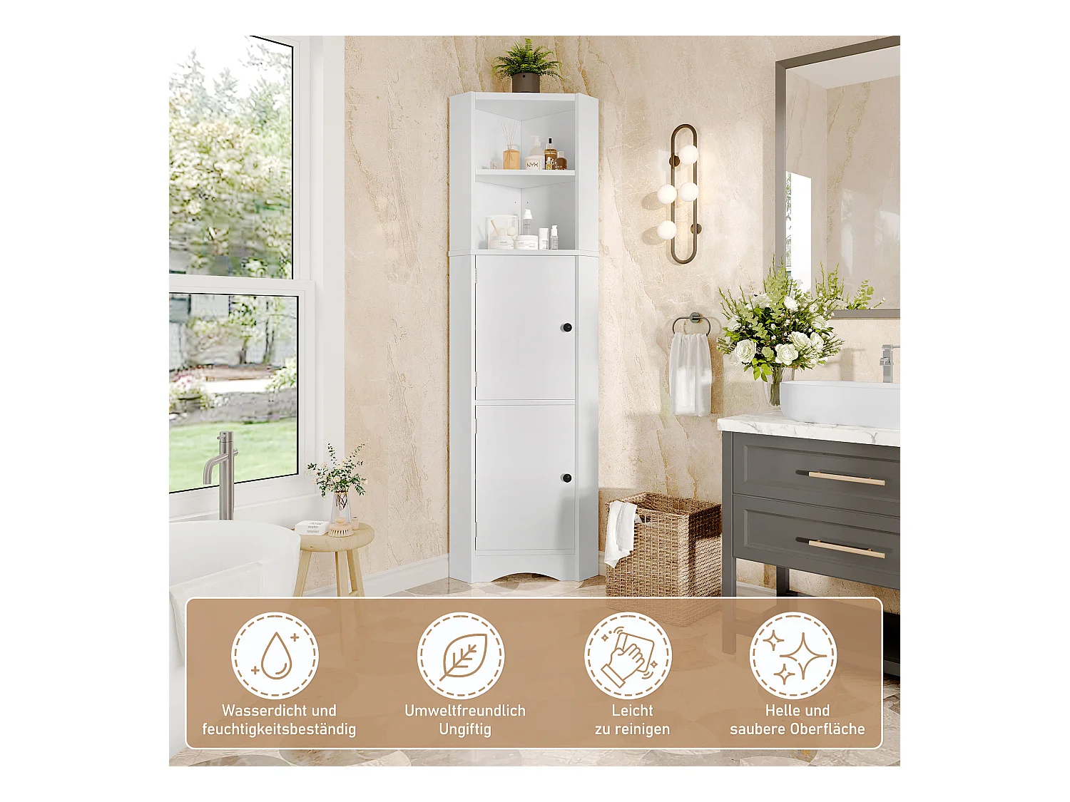 Colonne salle de bain triangulaire - 51.7 x 32 x 155.4 cm - avec 2 rangements ouverts + 2 portes d'armoire - MDF - blanc