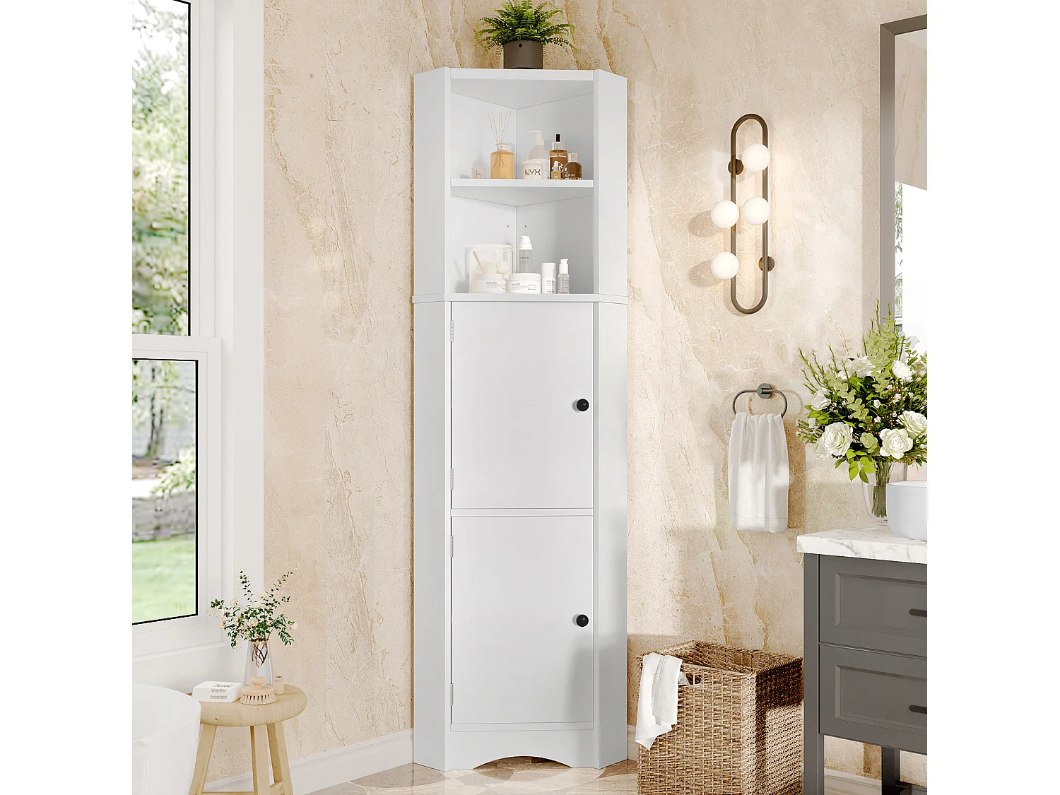 Mueble de baño triangular - 51,7 x 32 x 155,4 cm - con 2 compartimentos abiertos + 2 puertas - MDF - blanco