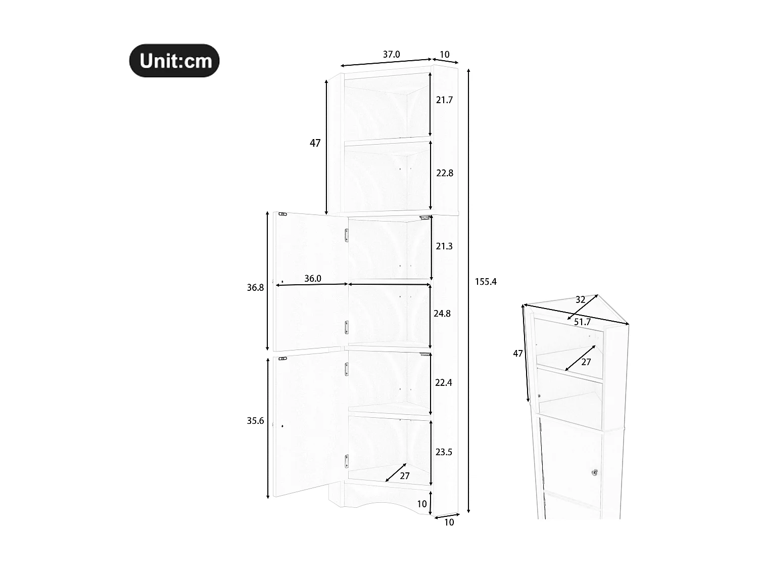 Mueble de baño triangular - 51,7 x 32 x 155,4 cm - con 2 compartimentos abiertos + 2 puertas - MDF - blanco