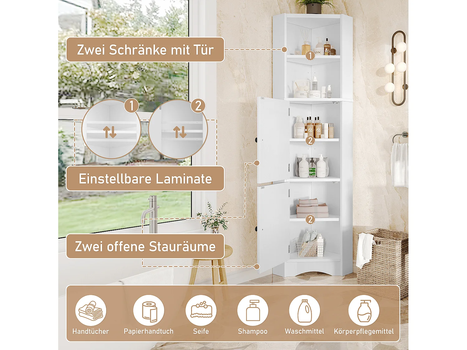 Mueble de baño triangular - 51,7 x 32 x 155,4 cm - con 2 compartimentos abiertos + 2 puertas - MDF - blanco