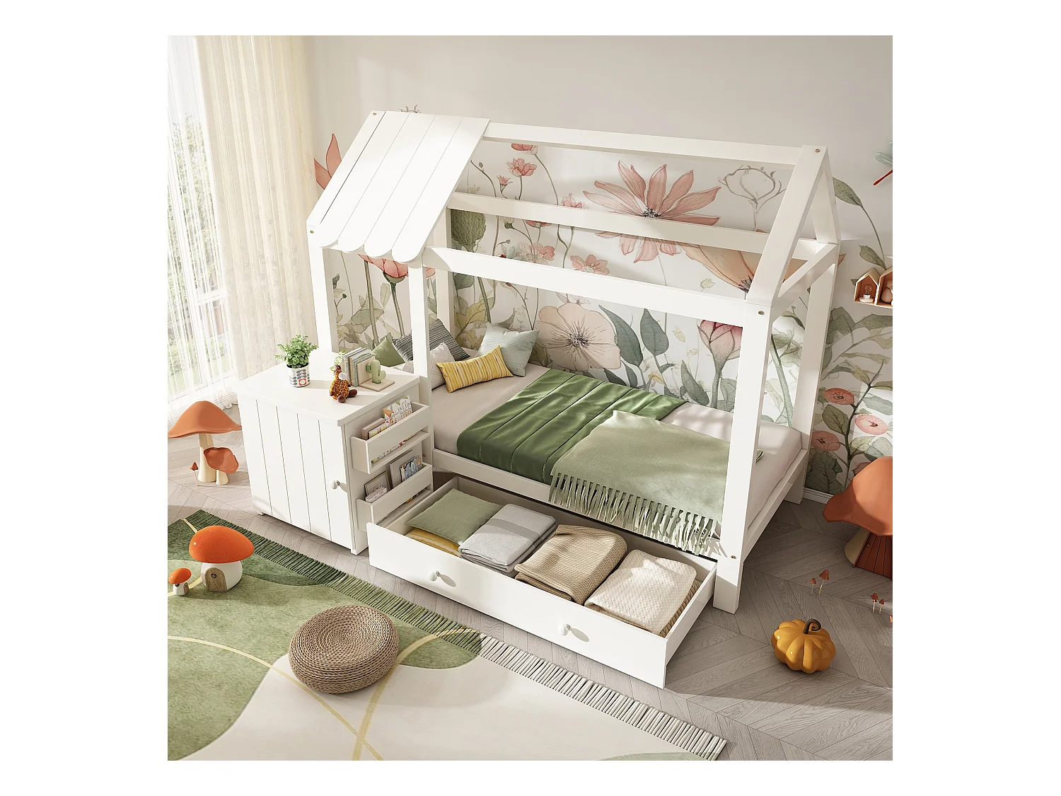 Lit cabane pour enfant - 90 x 200 cm - avec 1 tiroir + table de chevet amovible - lit de sol  - Pin + MDF - blanc