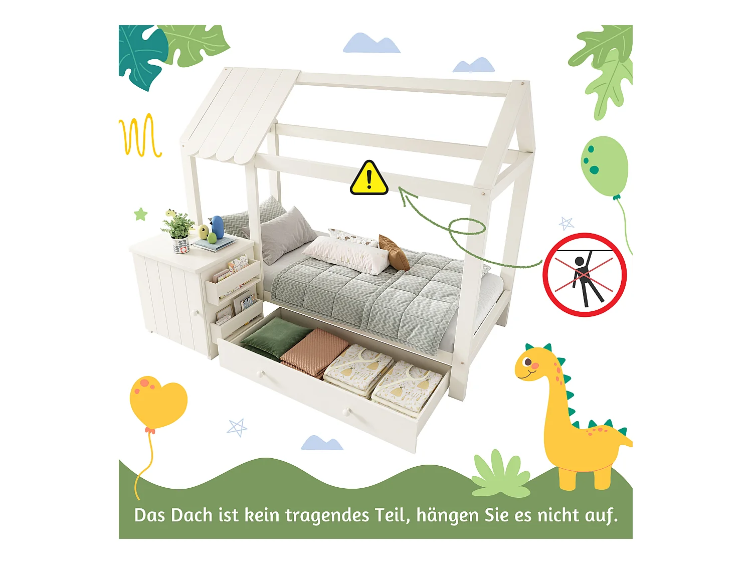 Lit cabane pour enfant - 90 x 200 cm - avec 1 tiroir + table de chevet amovible - lit de sol  - Pin + MDF - blanc