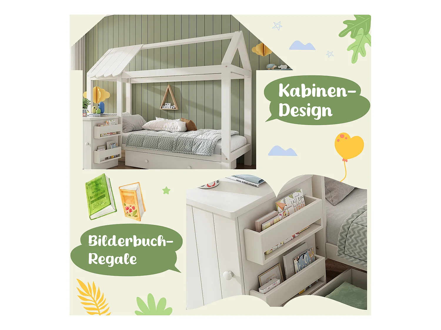 Lit cabane pour enfant - 90 x 200 cm - avec 1 tiroir + table de chevet amovible - lit de sol  - Pin + MDF - blanc