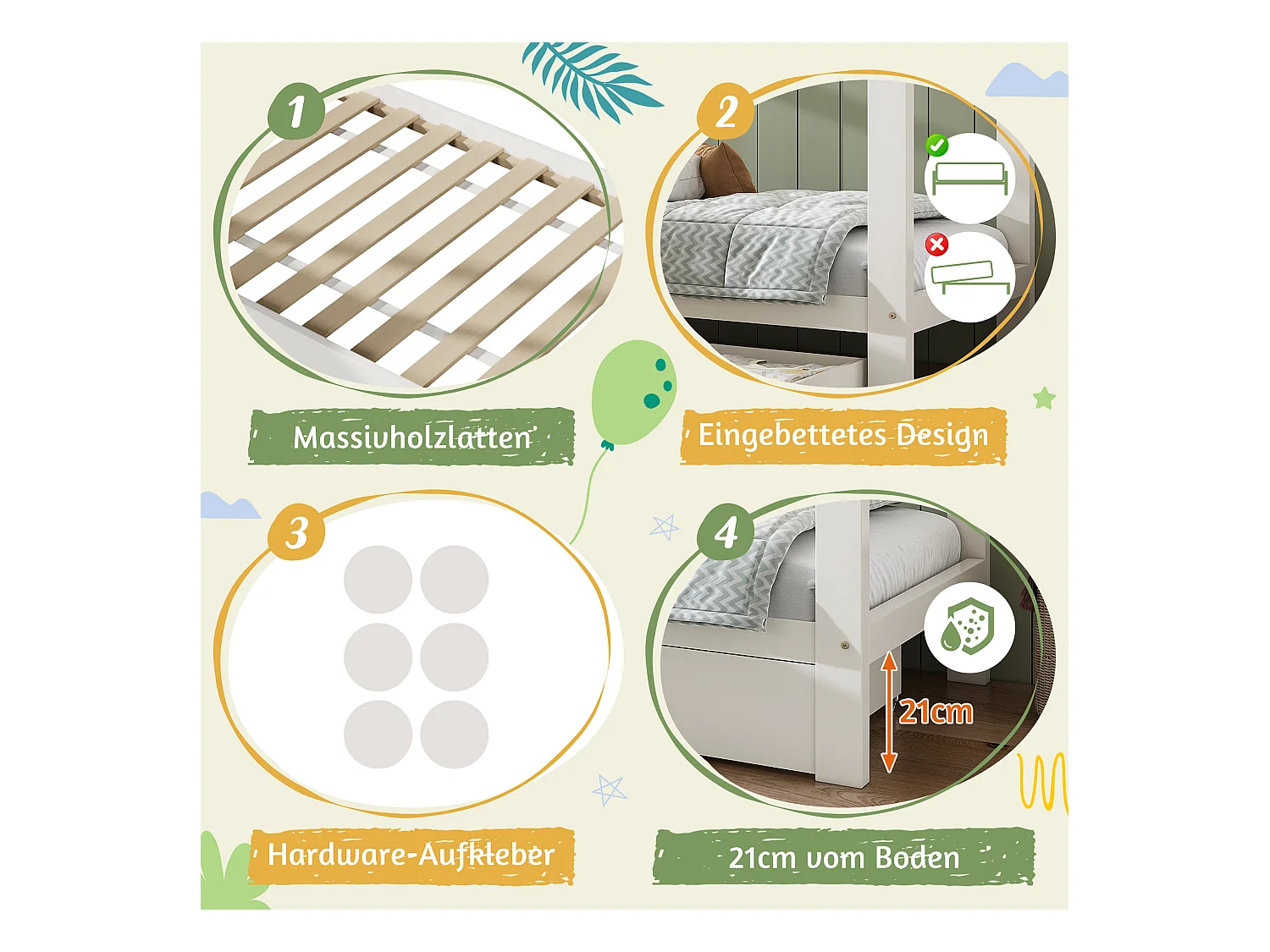 Lit cabane pour enfant - 90 x 200 cm - avec 1 tiroir + table de chevet amovible - lit de sol  - Pin + MDF - blanc