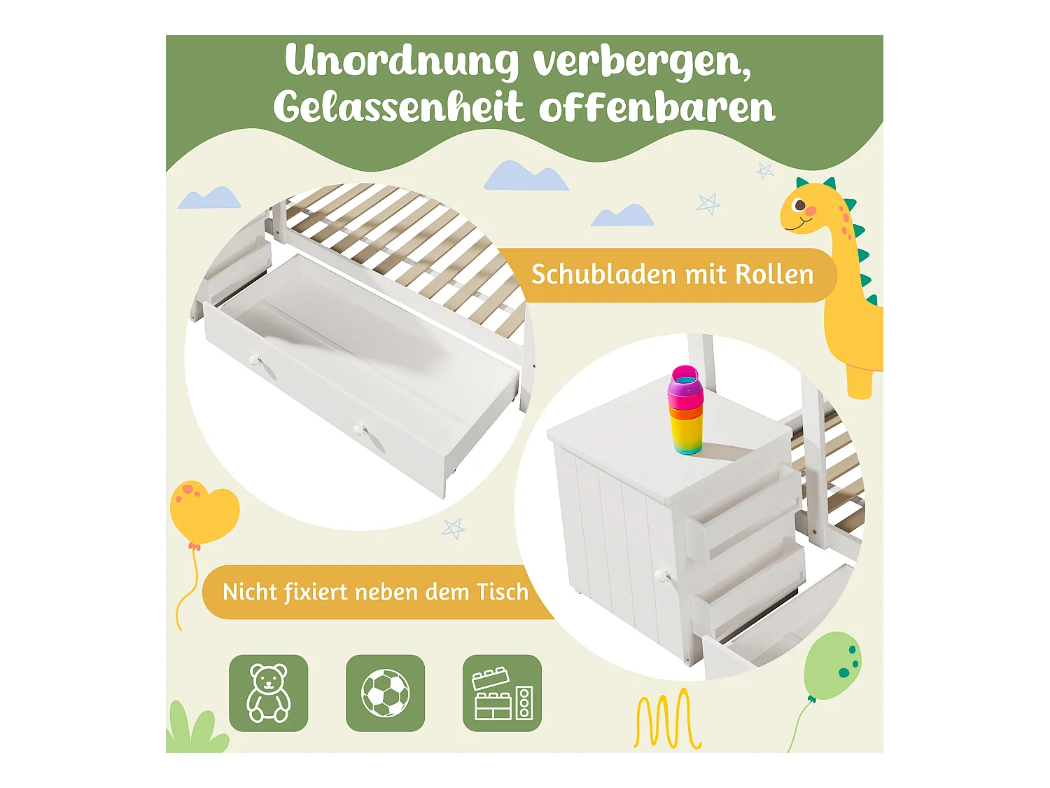 Lit cabane pour enfant - 90 x 200 cm - avec 1 tiroir + table de chevet amovible - lit de sol  - Pin + MDF - blanc