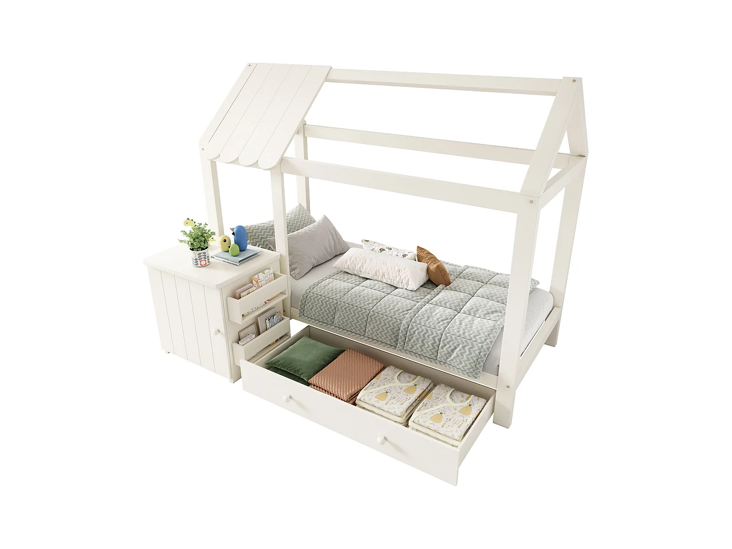 Lit cabane pour enfant - 90 x 200 cm - avec 1 tiroir + table de chevet amovible - lit de sol  - Pin + MDF - blanc