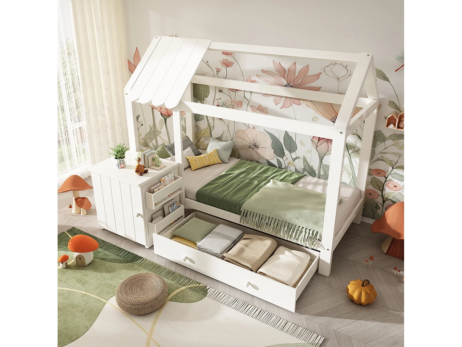 Lit cabane pour enfant - 90 x 200 cm - avec 1 tiroir + table de chevet amovible - lit de sol  - Pin + MDF - blanc