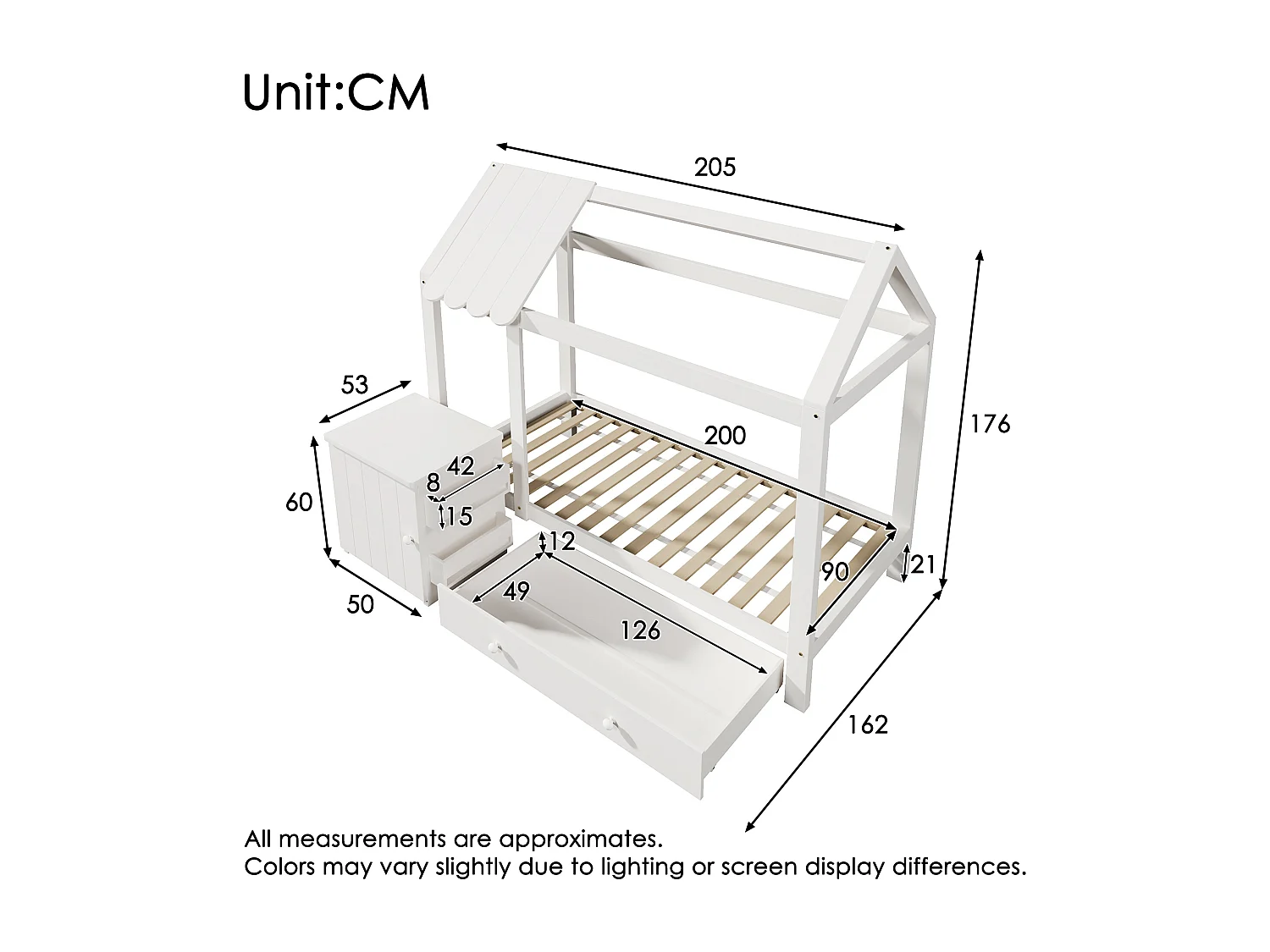 Lit cabane pour enfant - 90 x 200 cm - avec 1 tiroir + table de chevet amovible - lit de sol  - Pin + MDF - blanc