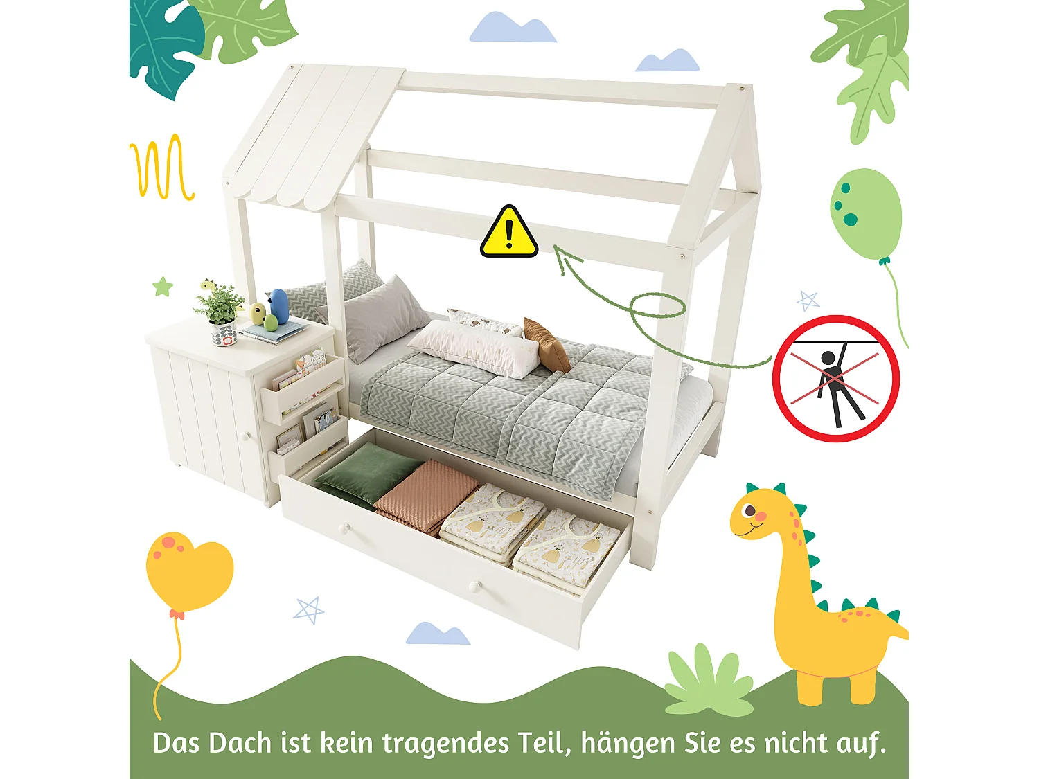 Lit cabane pour enfant - 90 x 200 cm - avec 1 tiroir + table de chevet amovible - lit de sol  - Pin + MDF - blanc