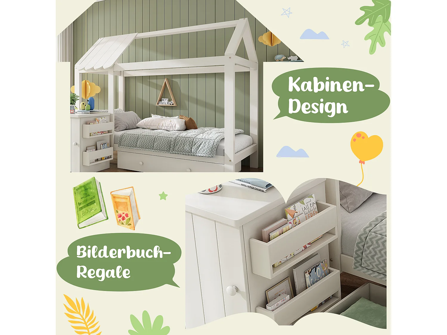 Lit cabane pour enfant - 90 x 200 cm - avec 1 tiroir + table de chevet amovible - lit de sol  - Pin + MDF - blanc
