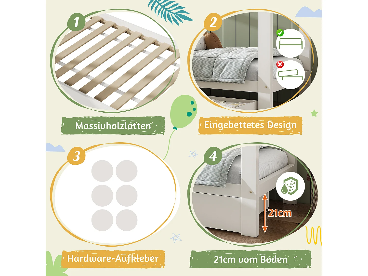 Lit cabane pour enfant - 90 x 200 cm - avec 1 tiroir + table de chevet amovible - lit de sol  - Pin + MDF - blanc