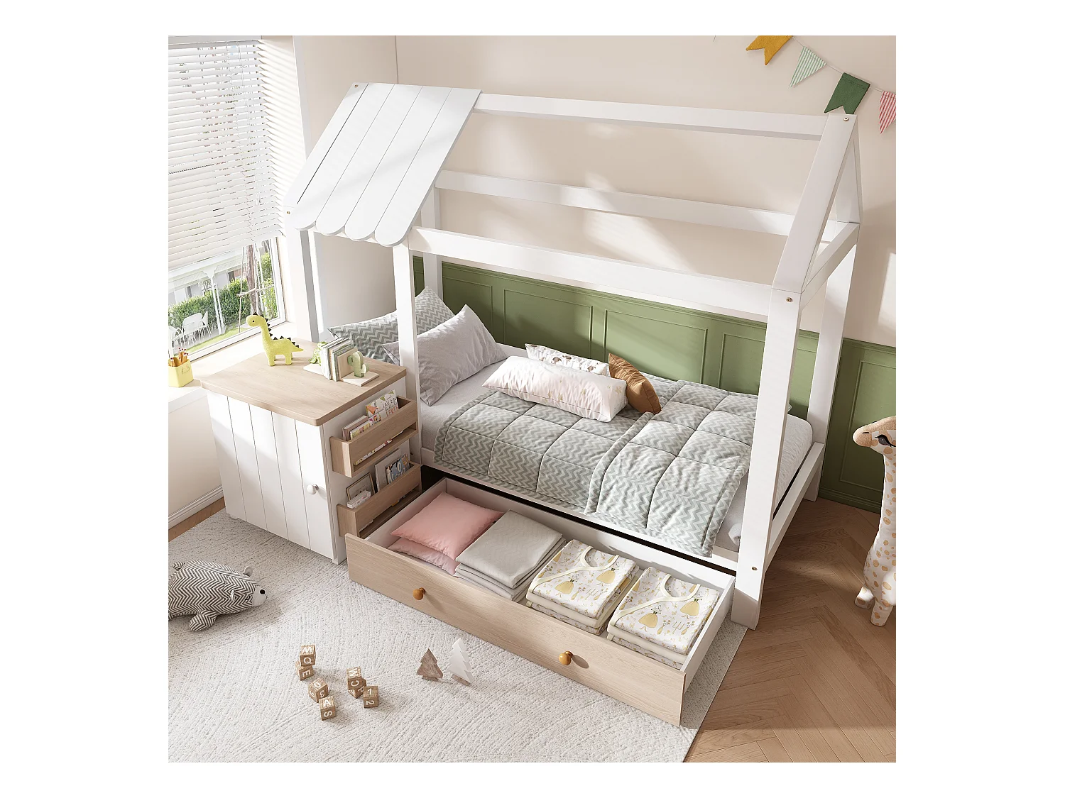 Lit cabane pour enfant - 90 x 200 cm - avec 1 tiroir + table de chevet amovible - lit de sol  - Pin + MDF - naturel + blanc