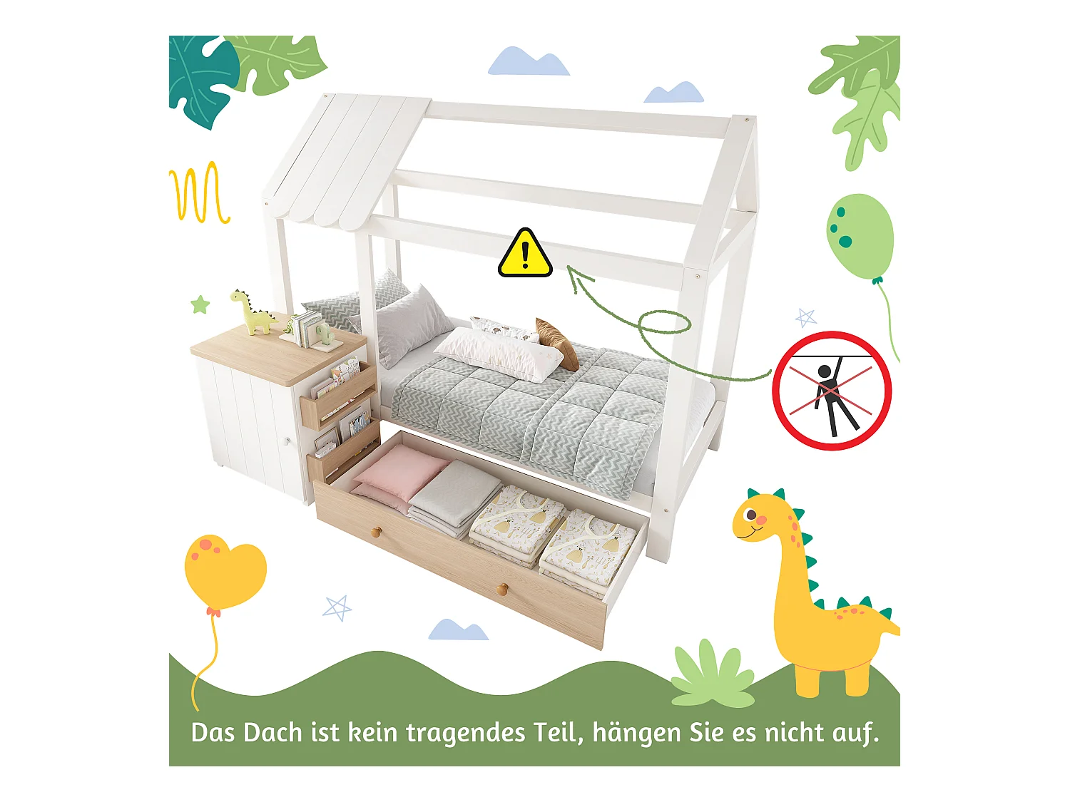 Lit cabane pour enfant - 90 x 200 cm - avec 1 tiroir + table de chevet amovible - lit de sol  - Pin + MDF - naturel + blanc